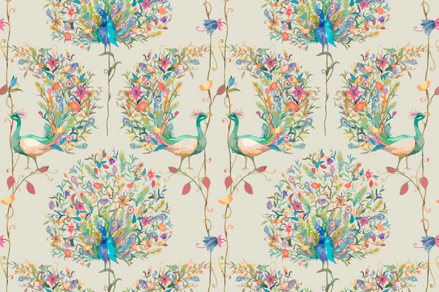 Free Vector | Pattern background with watercolor peacock and flower illustration