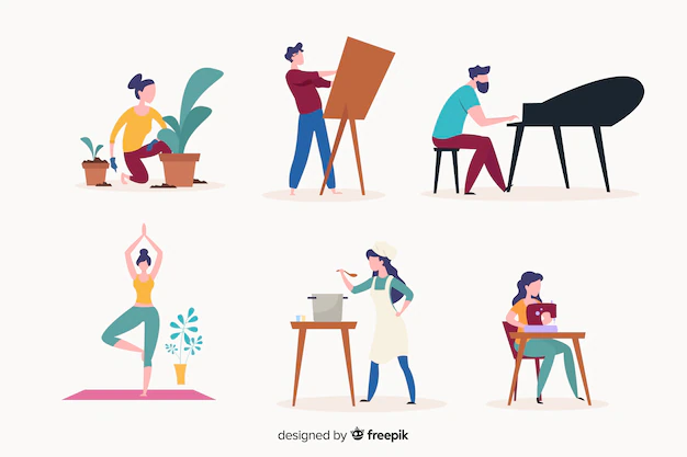 Free Vector | People enjoying their hobbies at their places