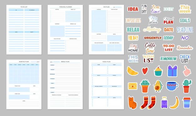 Free Vector | Planners and daily notebooks with set of sticker templates decorated with cartoon images and handwritten lettering flat isolated vector illustration