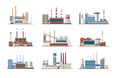 Free Vector | Plants and factories set. industrial buildings with smoke pipes isolated on white