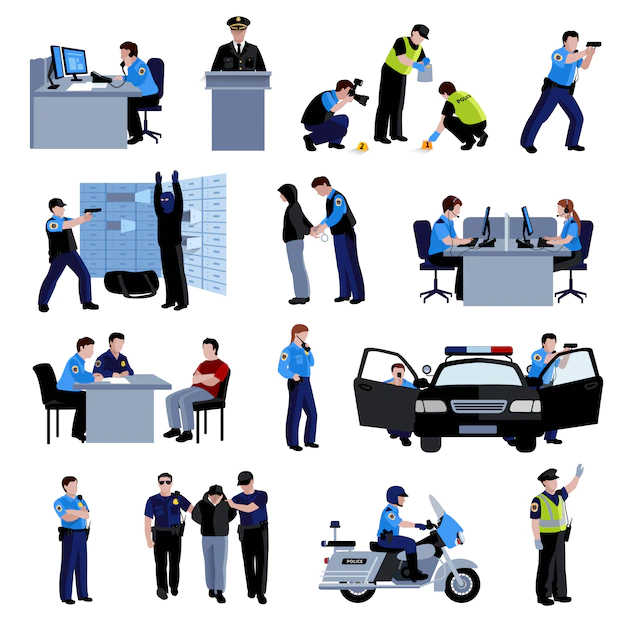Free Vector | Policeman people at office and outside with police car and situation arrest of offender