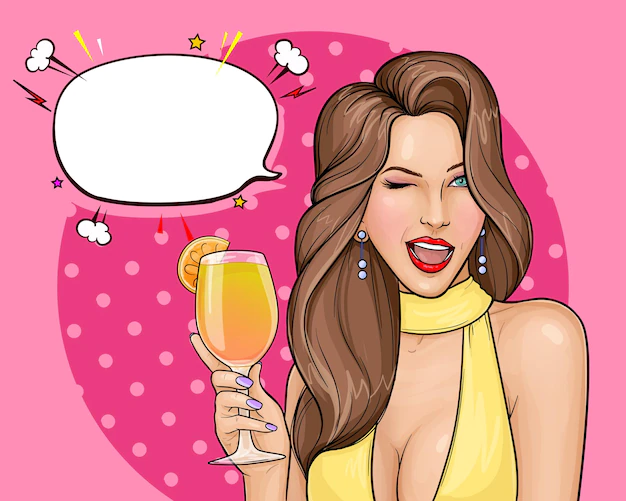 Free Vector | Pop art illustration of sexy woman in dress with open mouth holding a cocktail