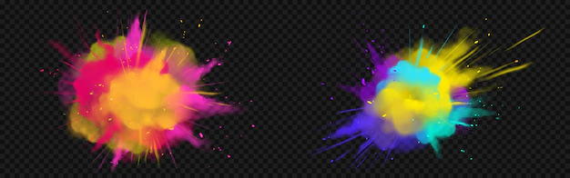 Free Vector | Powder holi paints colorful clouds or explosions, ink splashes, decorative vibrant dye for festival isolated , traditional indian holiday. realistic 3d vector illustration
