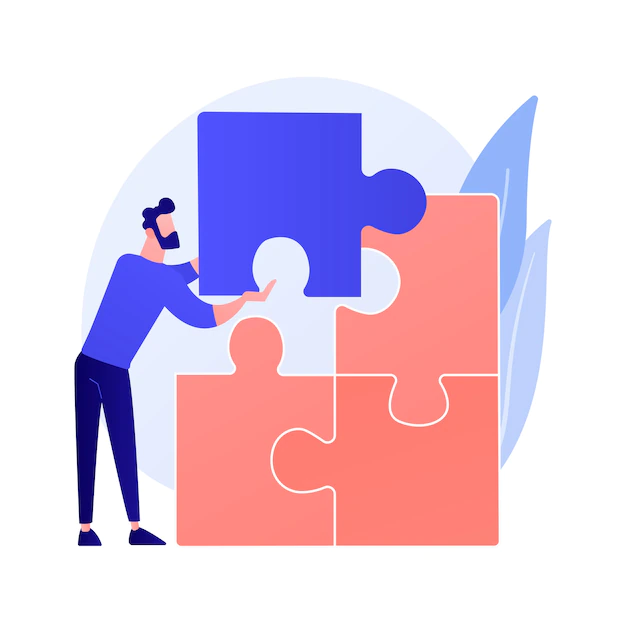 Free Vector | Problem solving. creative decision, difficult task, lateral thinking. man assembling puzzle cartoon character. right choice, missing item.