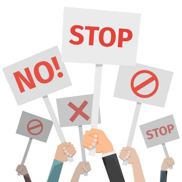 Free Vector | Protest concept. hands holding different signs, no and stop, cross and forbid.