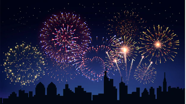 Free Vector | Pyrotechnics and fireworks in city background with city sky