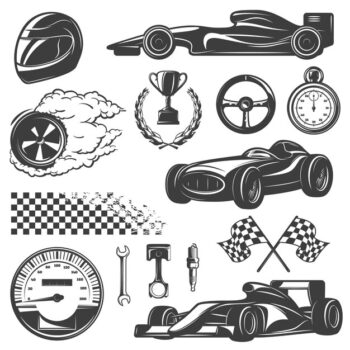 Free Vector | Racing black and isolated icon set with tools and equipment for street racer vector illustration