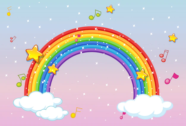 Free Vector | Rainbow with music theme and glitter on pastel sky background