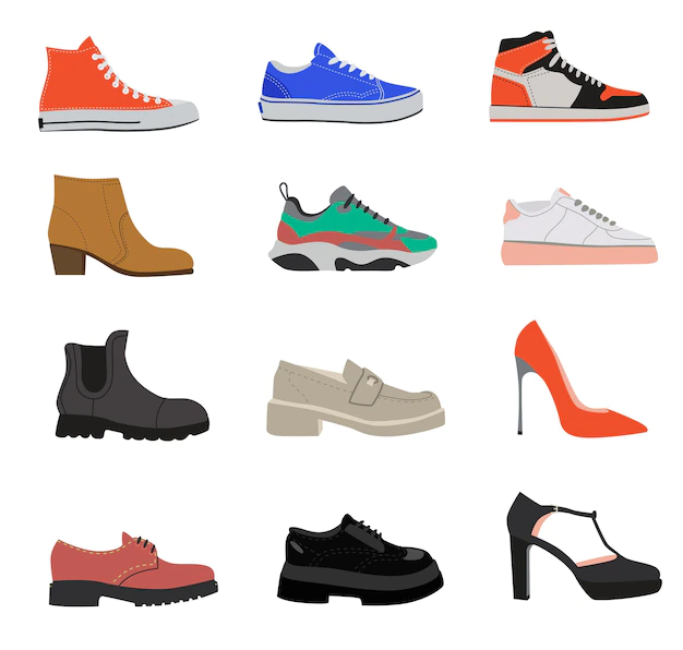 Free Vector | Random female shoes flat illustrations set. summer, autumn and winter foot wear for women, moccasins, boots, trainers, heels isolated on white
