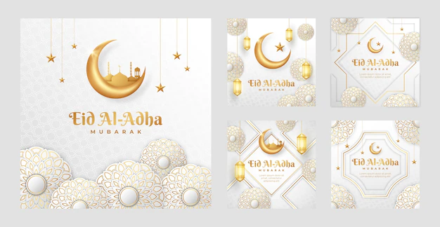 Free Vector | Realistic eid al-adha instagram posts collection with lanterns and crescent moon