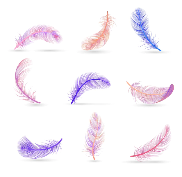 Free Vector | Realistic feather set with soft violet and pink isolated feathers