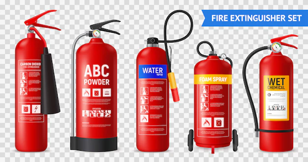 Free Vector | Realistic fire extinguisher set with isolated portable fire-fighting units of different shape on transparent background  illustration