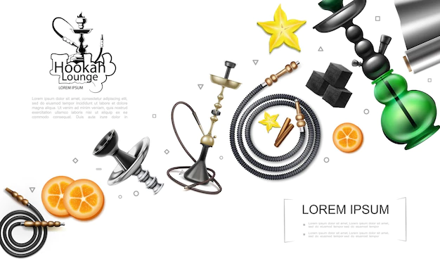 Free Vector | Realistic hookah elements concept with pipes tubes hookahs orange slices charcoal cubes foil star anise