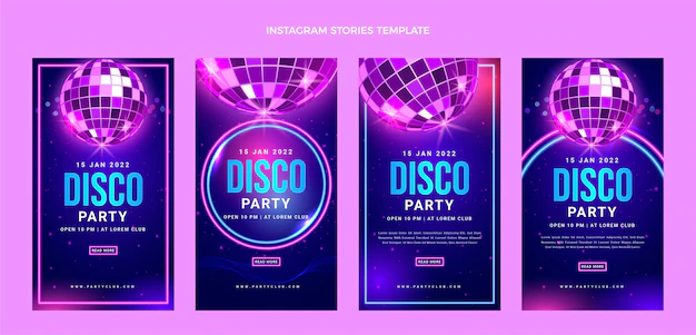 Free Vector | Realistic neon disco party instagram stories collection