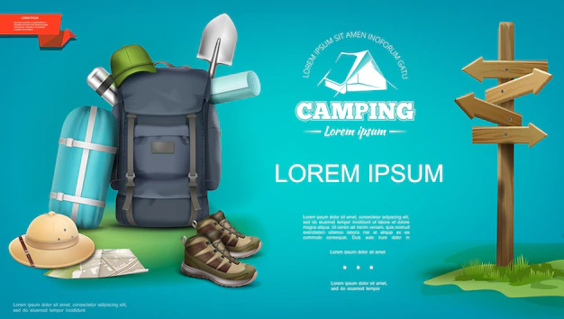 Free Vector | Realistic summer camping template with backpack sleeping bag panama hat sneakers map shovel thermos wooden signboard  illustration