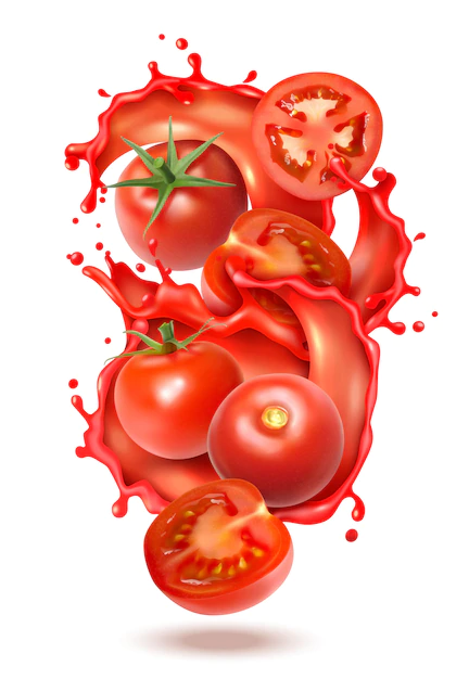 Free Vector | Realistic tomato juice splash composition with slices and whole fruits of tomato with liquid juice splashes