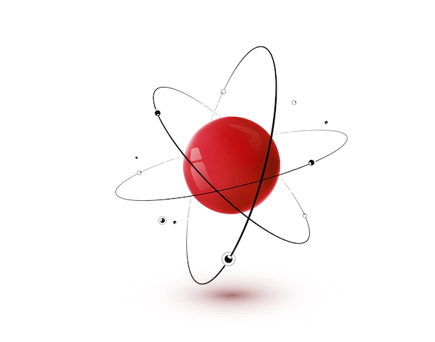 Free Vector | Red atom with core, orbits and electrons isolated. 3d nuclear chemistry technology concept.