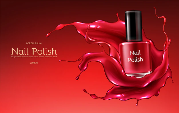 Free Vector | Red nail polish 3d realistic vector advertising banner with glass bottle in glossy