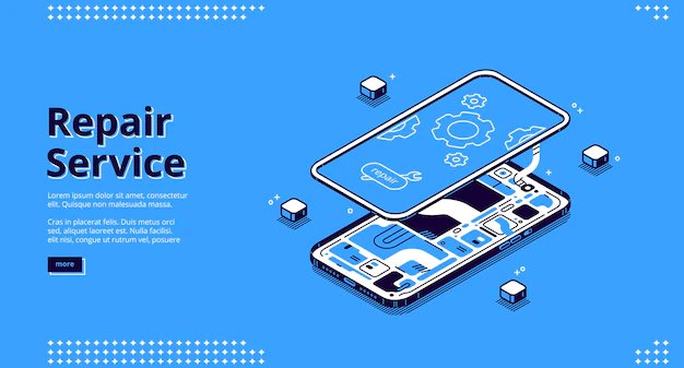 Free Vector | Repair service isometric landing page, disassembled mobile phone fixing, smashed smartphone with microcircuit and screen with gears, broken electronics device touchscreen 3d line art web banner