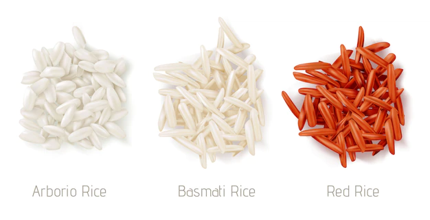 Free Vector | Rice grain heaps, arborio, basmati and red rice