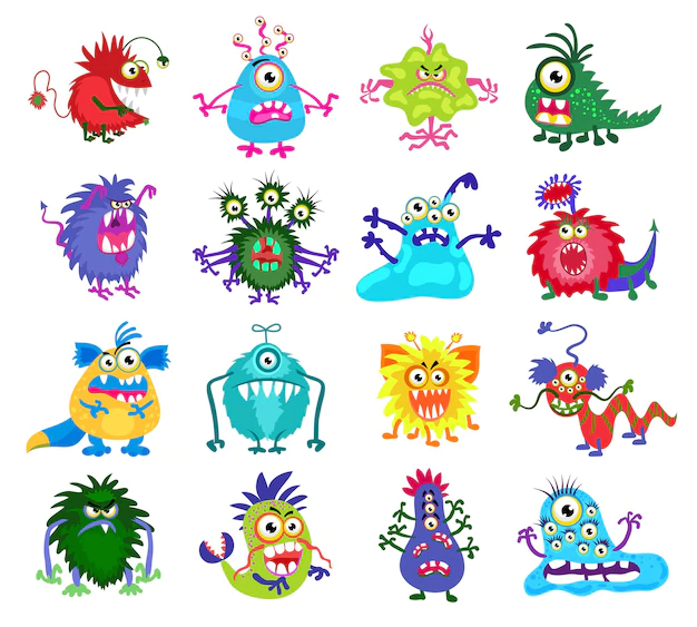 Free Vector | Scary monster. set of colored monsters with teeth and eyes, illustration of funny monsters