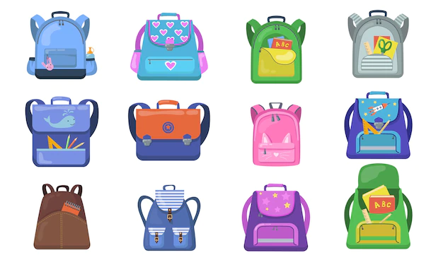 Free Vector | School backpacks set. colorful bags for primary school students, open rucksacks for kids with school supplies inside. vector illustrations for back to school, education, stationery, childhood concept