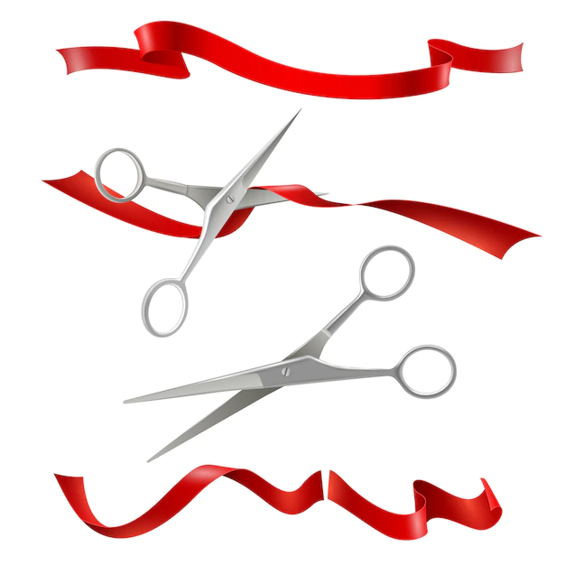 Free Vector | Scissors cutting red ribbon realistic set