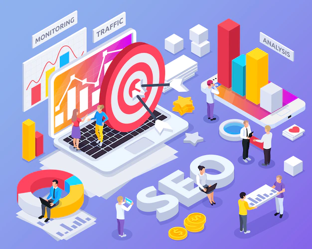 Free Vector | Seo isometric concept with monitoring and traffic symbols isolated
