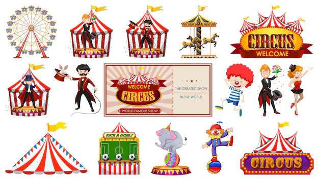 Free Vector | Set of circus characters and amusement park elements