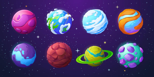 Free Vector | Set of fantastic planets asteroids, cosmic objects