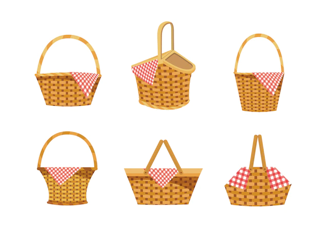 Free Vector | Set of hamper with food and tablecloth decoration