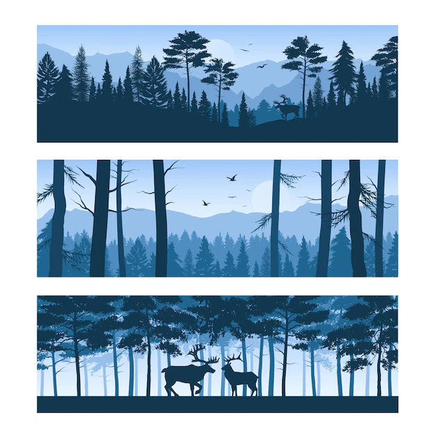 Free Vector | Set of horizontal banners realistic forest landscapes with deers and birds in sky isolated