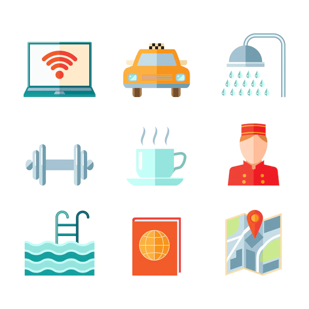 Free Vector | Set of hotel computer car taxi shower gym icons in flat color style
