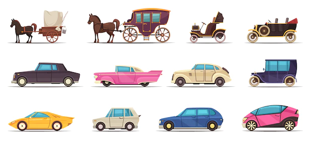 Free Vector | Set of icons old and modern ground transportation including various cars and horse carriages