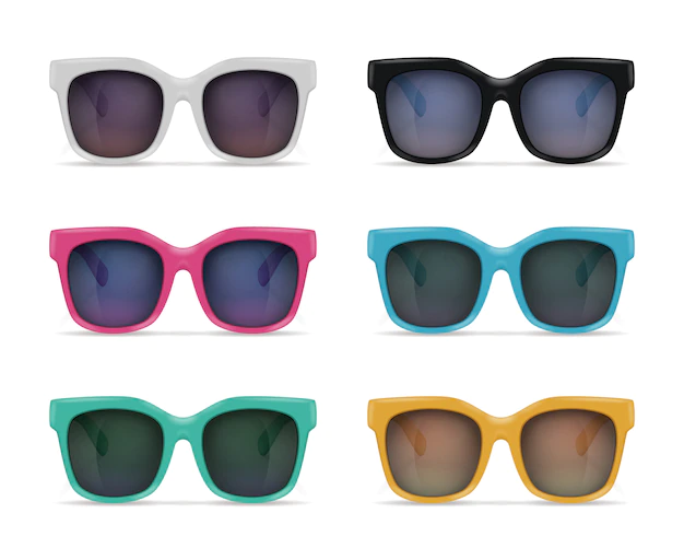 Free Vector | Set of isolated sunglasses realistic images on blank background with reflections and colourful models with shadows