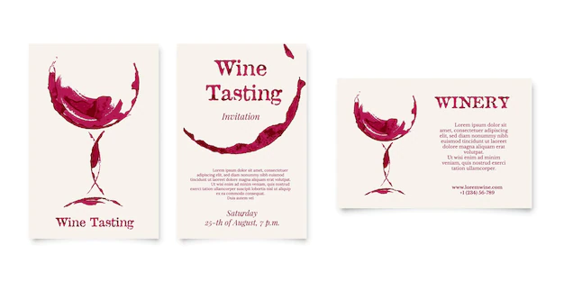 Free Vector | Set of wine testing and winery card in shape of wineglass bottle stain graphic design with watercolor grunge texture