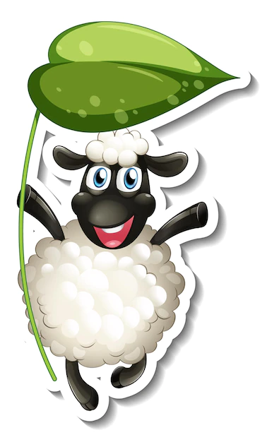 Free Vector | Sticker template with cartoon character of a sheep holding a leaf isolated