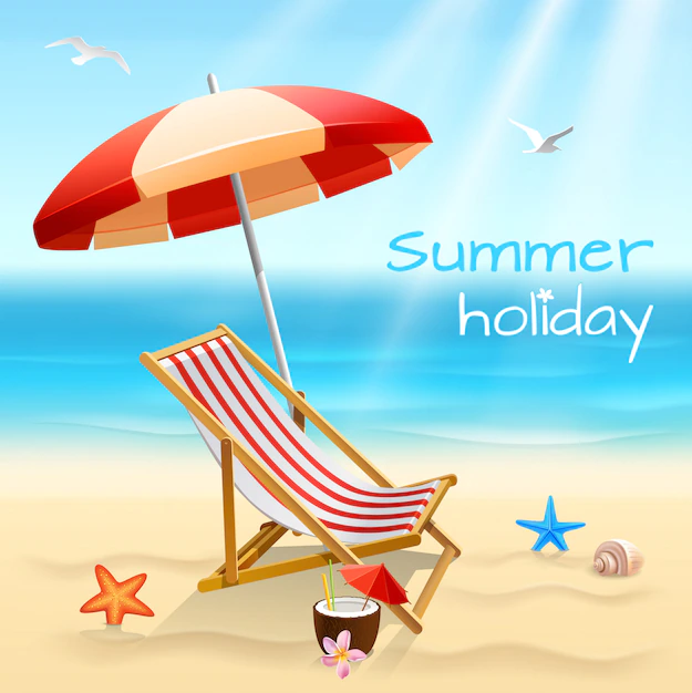 Free Vector | Summer holidays beach background poster with chair starfish and cocktail vector illustration
