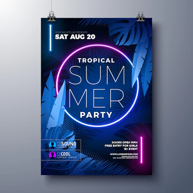 Free Vector | Summer party flyer design template with glowing neon light on fluorescent tropic leaves background