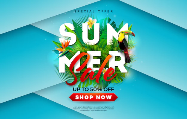 Free Vector | Summer sale banner with flower and toucan bird
