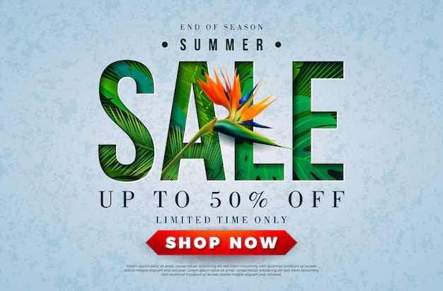 Free Vector | Summer sale design with parrot flower and tropical palm leaves