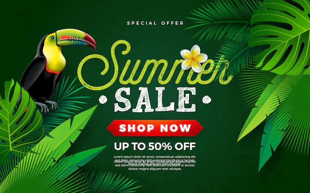 Free Vector | Summer sale design withtoucan bird and tropical palm leaves