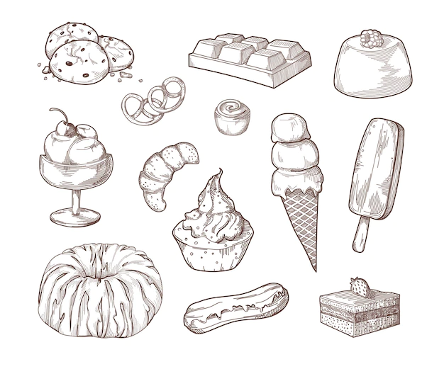 Free Vector | Sweet desserts sugar food sketch set