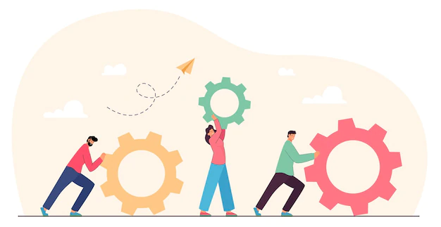 Free Vector | Teamwork of tiny people with gears and cogwheels. team of partners working on upgrade, repair, improving skills and client service flat vector illustration. business organization, cooperation concept