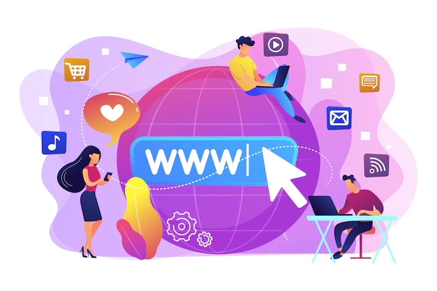 Free Vector | Tiny business people with digital devices at big globe surfing internet. internet addiction, real-life substitution, living online disorder concept. bright vibrant violet  isolated illustration