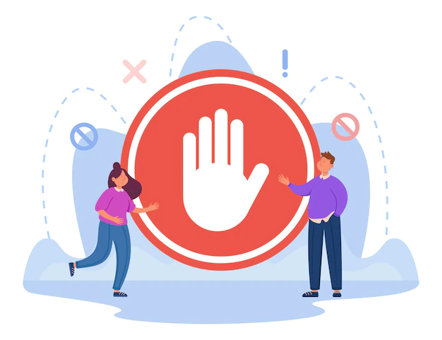 Free Vector | Tiny people standing near stop sign flat vector illustration. huge red sign with hand symbolizing ban on entry, danger warning, caution, prohibited actions. alert, risk, gesture concept