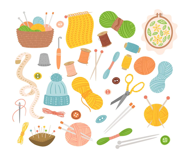 Free Vector | Tools for knitting and sewing flat vector illustrations set. accessories for needlework: wool threads, scissors, needles, yarn balls, crochet isolated on white background. hobby, handicraft concept