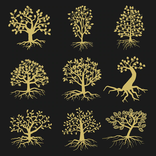 Free Vector | Tree silhouettes with leaves and roots isolated on black background. illustration of nature shape trees