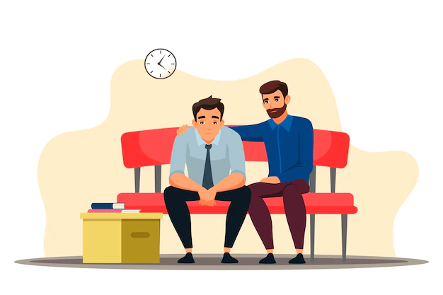 Free Vector | Unemployment concept dismisses employee leaves workplace at office depressed man sits at sofa colleague support belongings in box jobless troubles job reduction