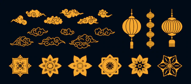 Free Vector | Various asian gold traditional flat elements set